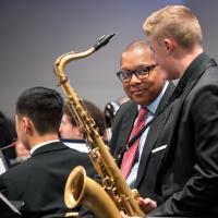 Wynton Marsalis speaking with student
