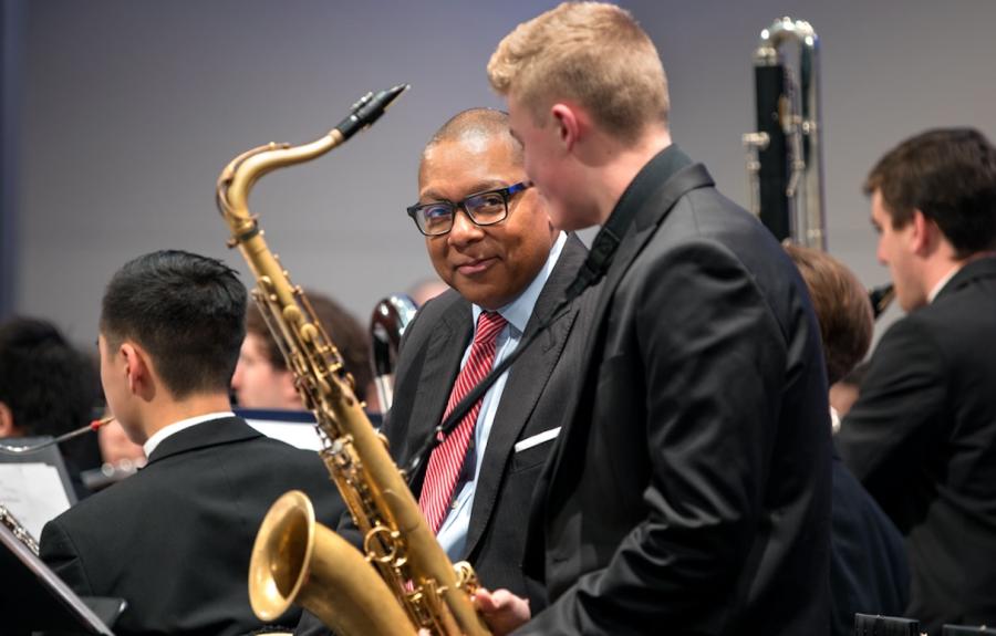 Wynton Marsalis speaking with student