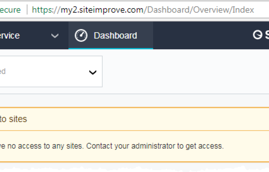 Picture of Siteimprove 1st time log in showing the message &quot;No access to sites&quot;